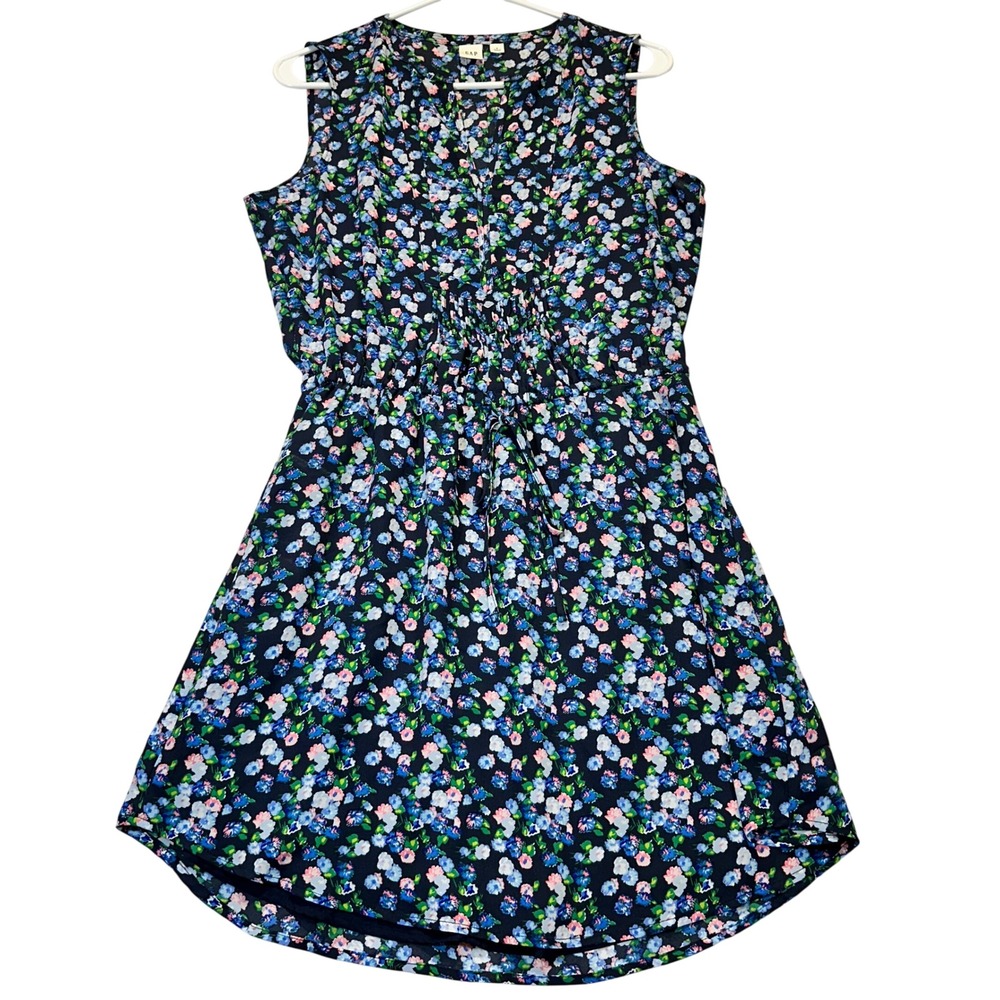 Gap Bib Shirt Dress Womens Small Navy Floral Sleeveless Pleated Casual Spring